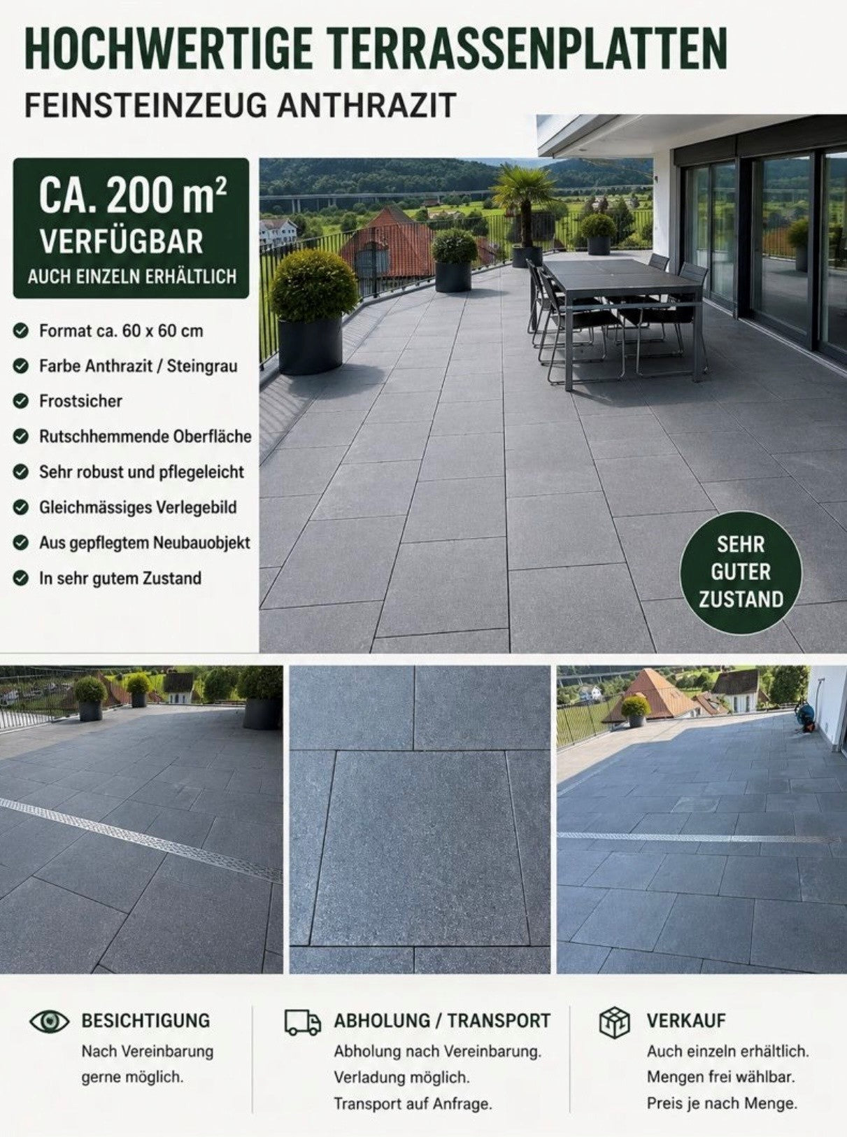 Terrassenplatten Feinsteinzeug Anthrazit 60 x 60 cm - REUSE - CHF 40/m2